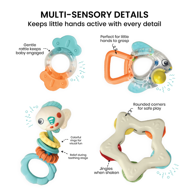 Rattle Teether Toys Pack – 4 Piece Multi-Sensory Set